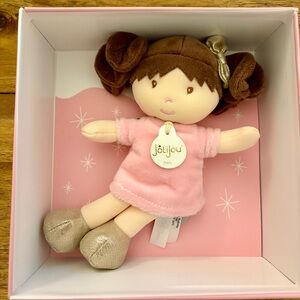 Jolijou Paris Demoiselle My First Doll Pink Dress and gold bow in hair Plush 7"